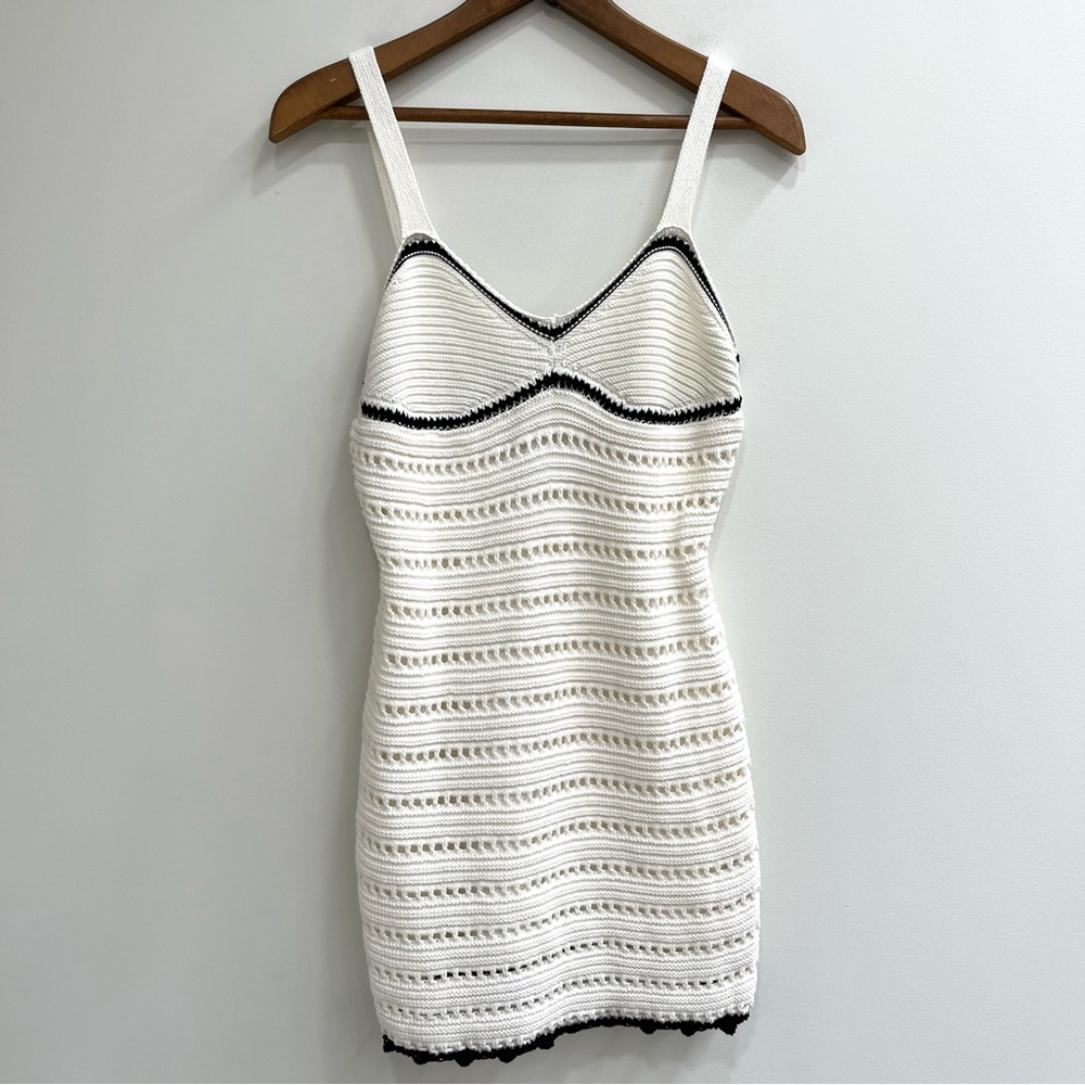 Free People White Crochet Mini Dress with Black Trim - Picture 2 of 10